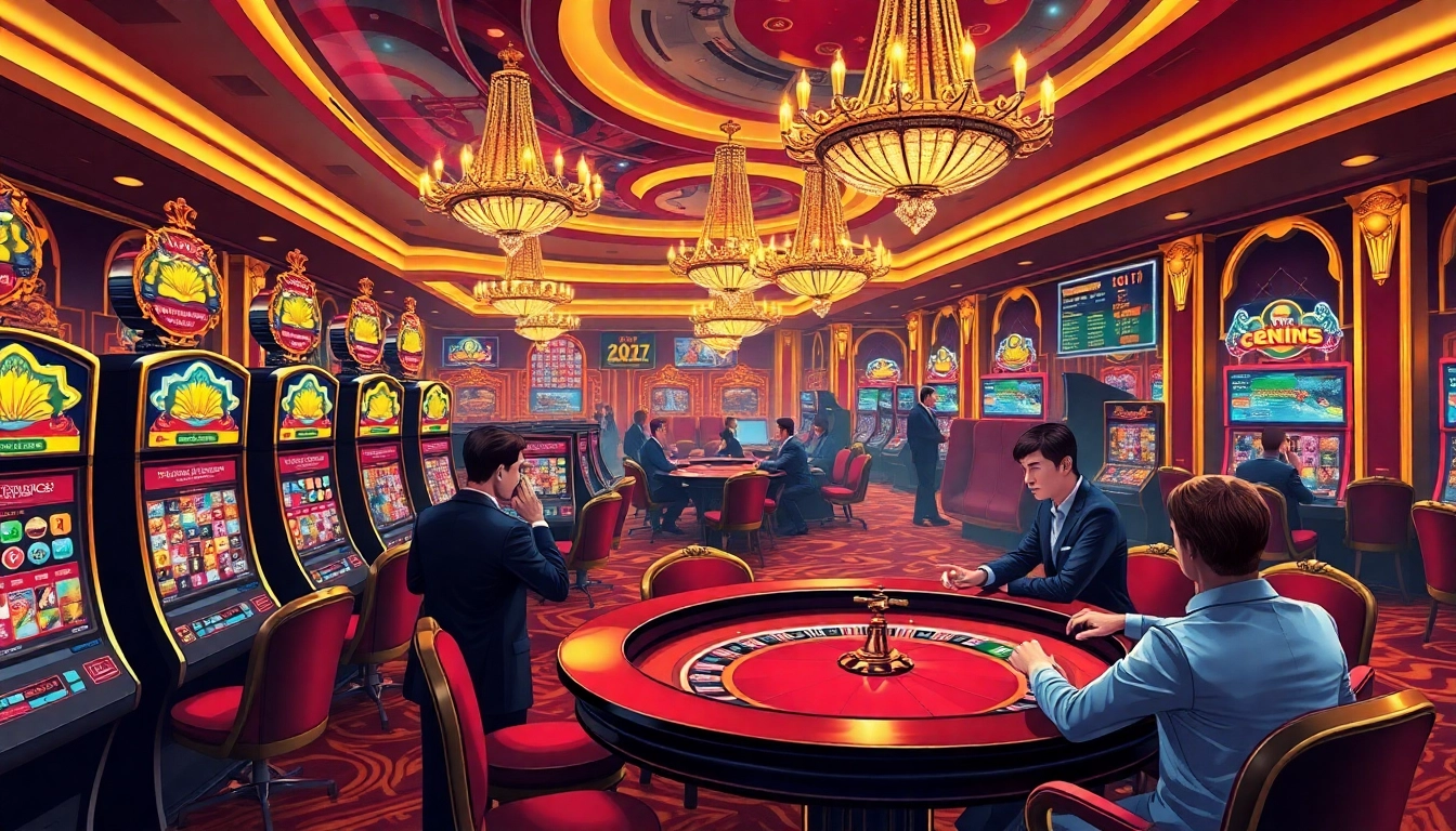 Casino gaming experience at Luckywin com with vibrant slot machines and lively roulette table.
