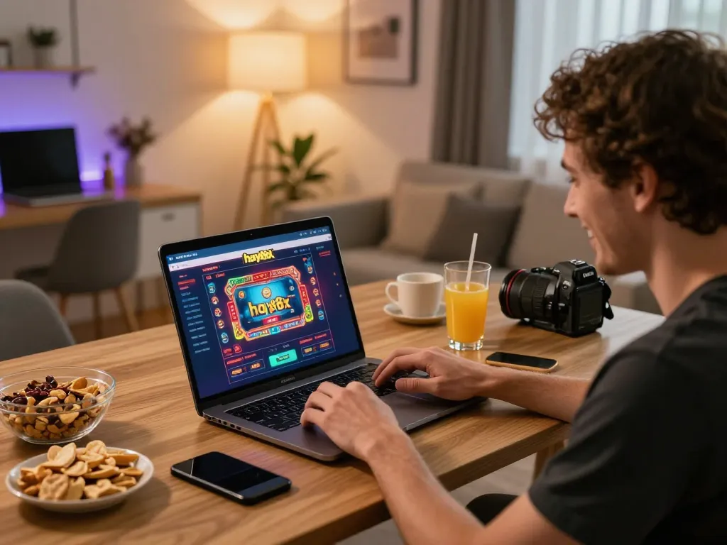 Player engaging with hay88x online casino interface during exciting gaming session at home.