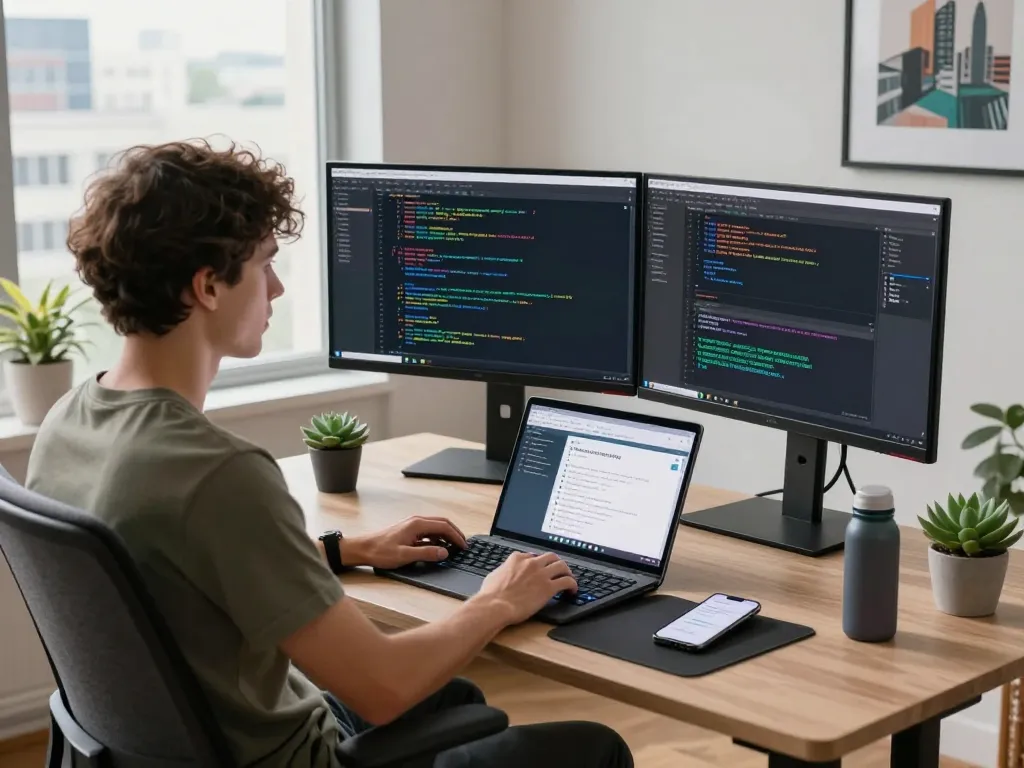 Developer using openclawd in a modern workspace with dual monitors and coding setup.