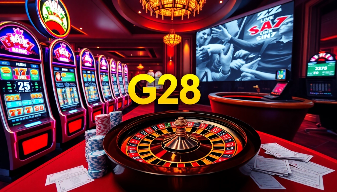 G28 online casino interface with vibrant slot machines and poker chips on a luxurious table.