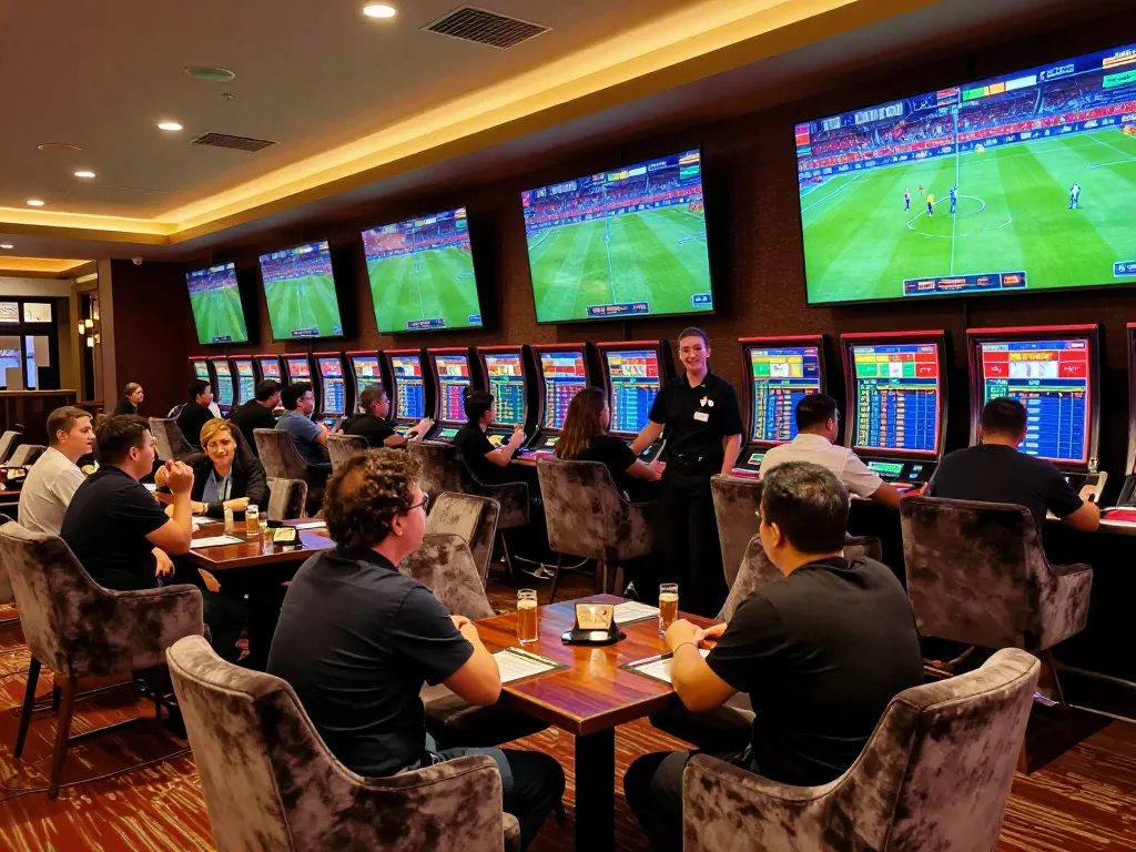 Engaged sports bettors analyze odds at Bongdallu's luxurious lounge, enjoying strategic bets.