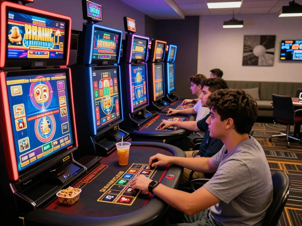 Engaging scene of gamers at home using gem88 online casino, with colorful slots and live tables in vibrant atmosphere.