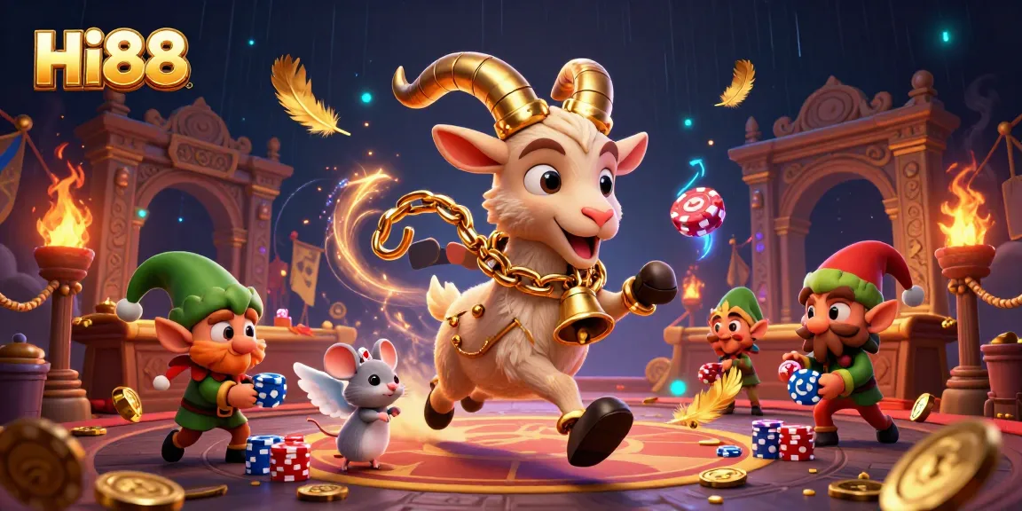 Hi88 casino illustration featuring a Krampus goat, angel mouse, and elf gremlins in action