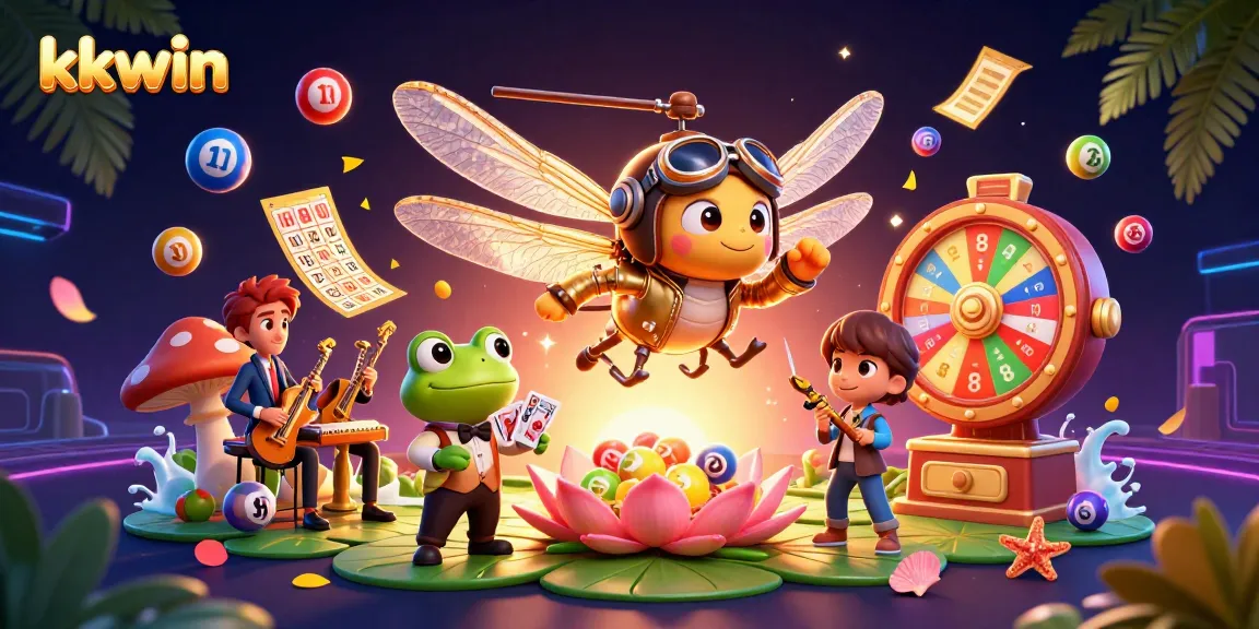 Engage in thrilling kkwin gameplay with a vibrant 3D illustration showcasing a dragonfly pilot and frog croupier.