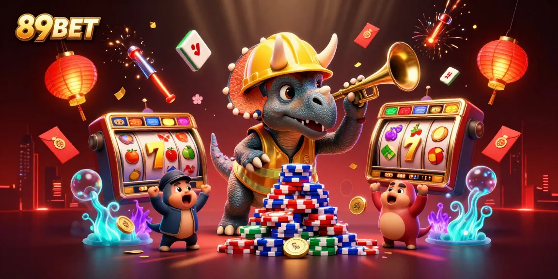 Engage with 89BET's thrilling casino action featuring a triceratops and parasaurolophus celebrating in a vibrant scene.