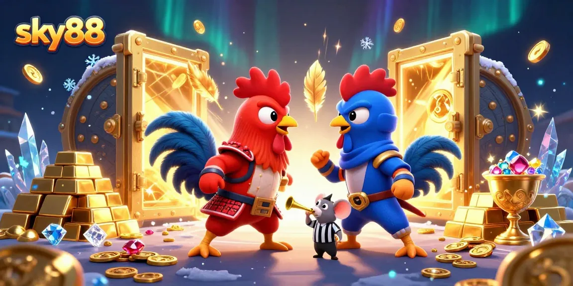 Experience thrilling action with sky88 featuring epic rooster duel amidst dazzling treasure in this colorful casino scene.