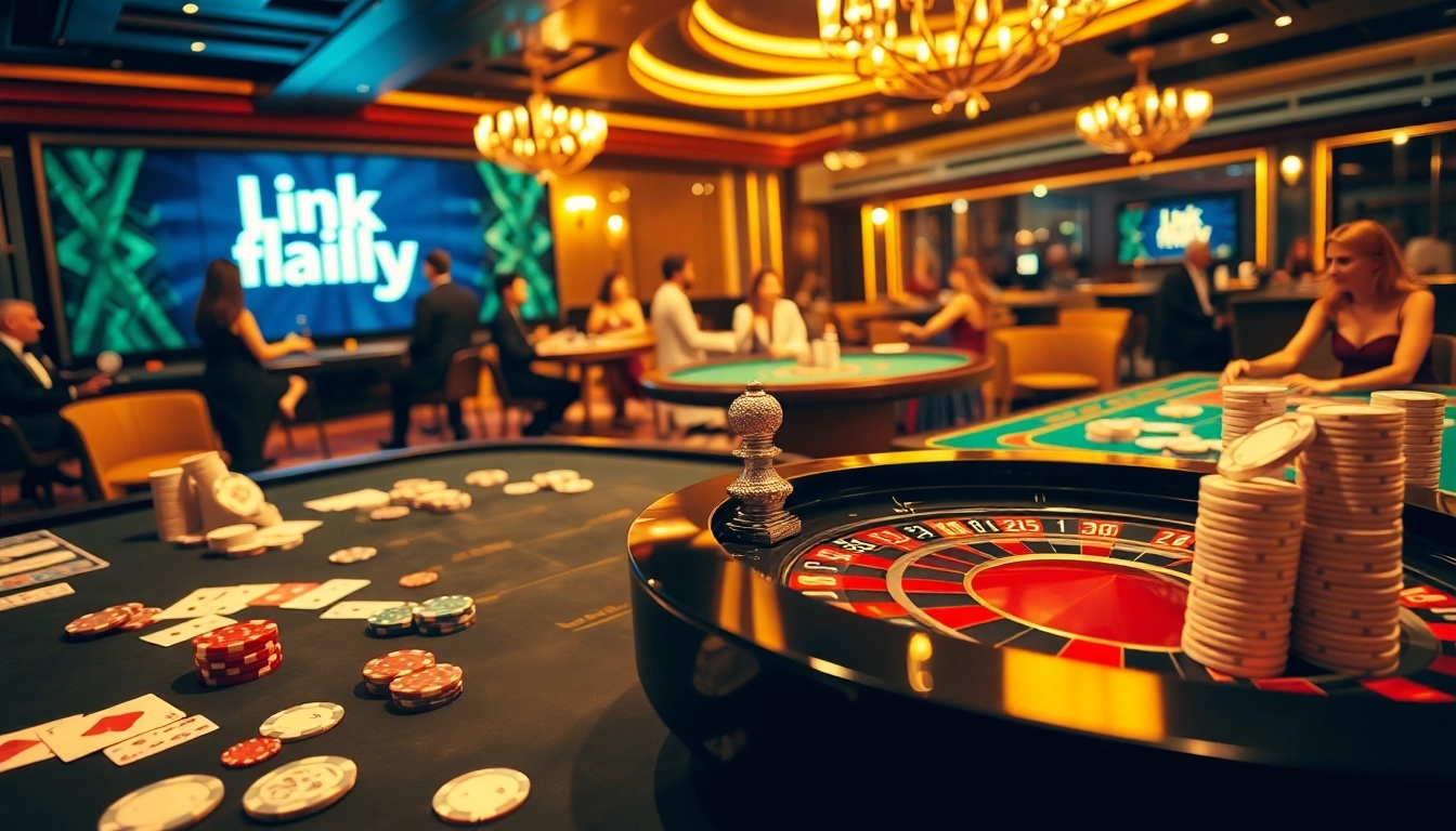 Experience the thrill of gaming with Link fly in a luxurious casino setting filled with tables and cards.