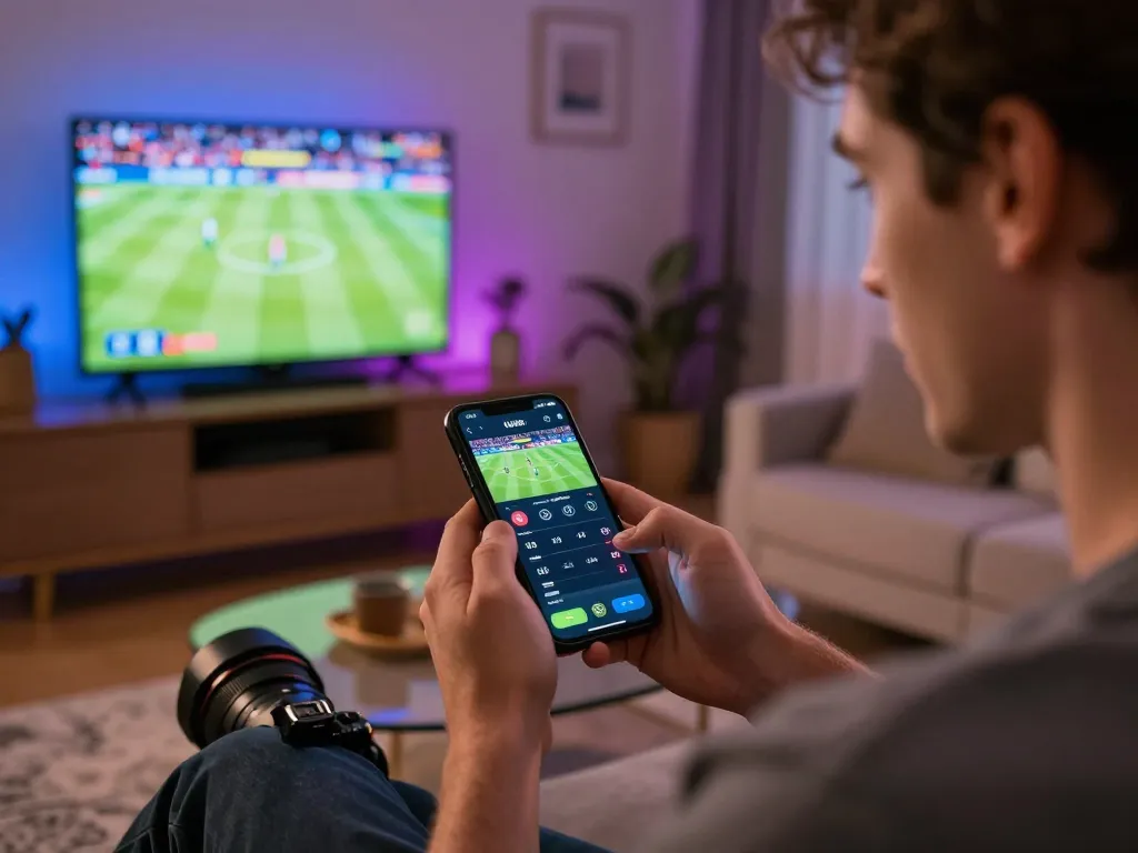 90phut sports betting engagement on smartphone in a cozy living room setting