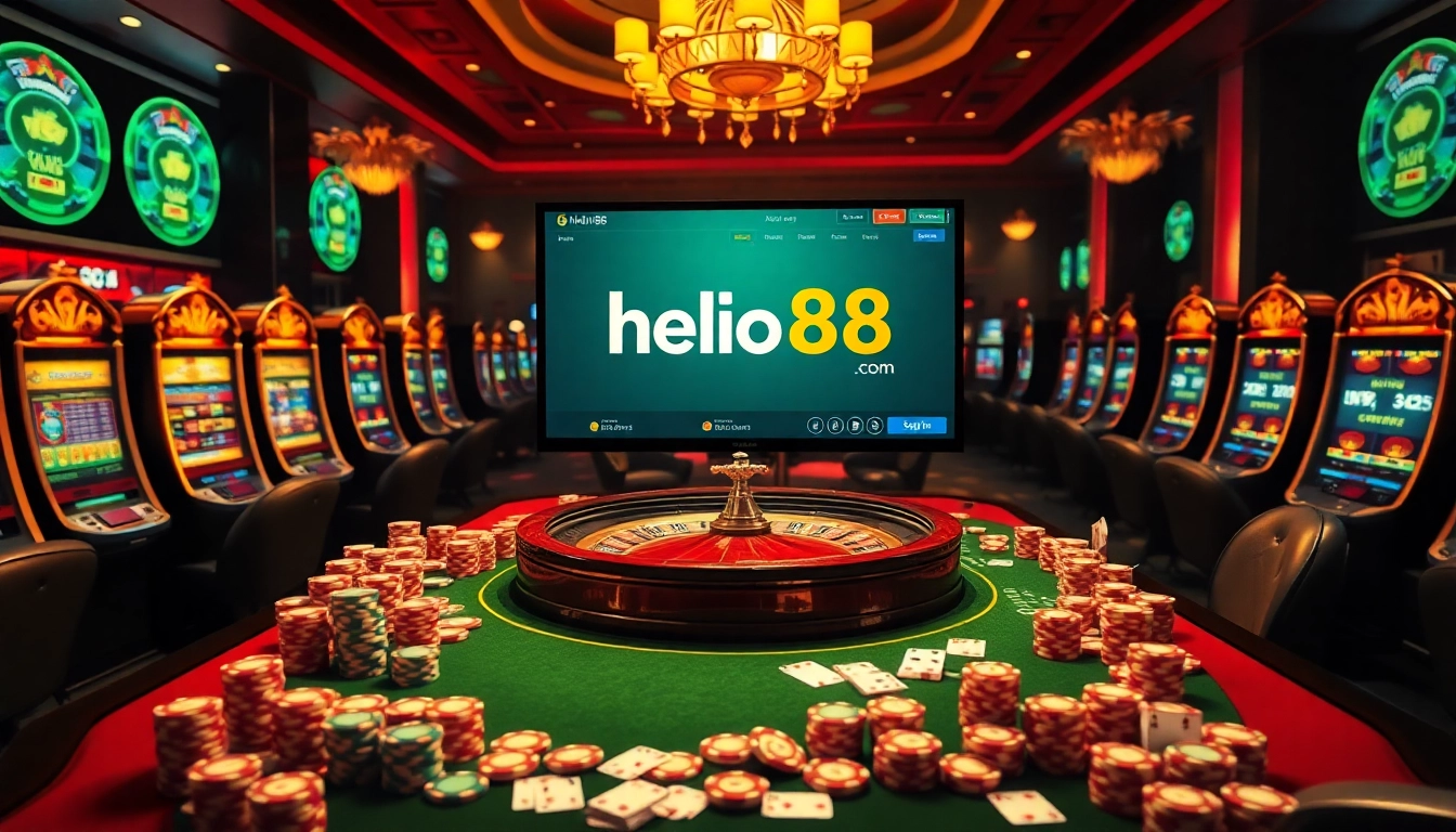 An exciting scene of casino gambling featuring hello88.com with roulette, poker, and slot machines.
