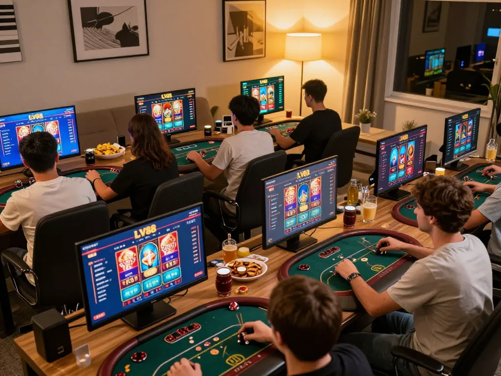 Engaged players explore the LV88 casino app during an exciting online gaming session at home.