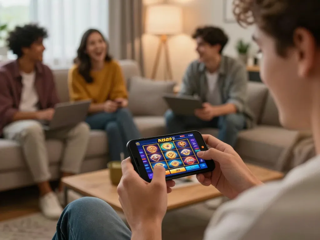 Playing N88 casino games on smartphone in a cozy living room with friends enjoying gambling