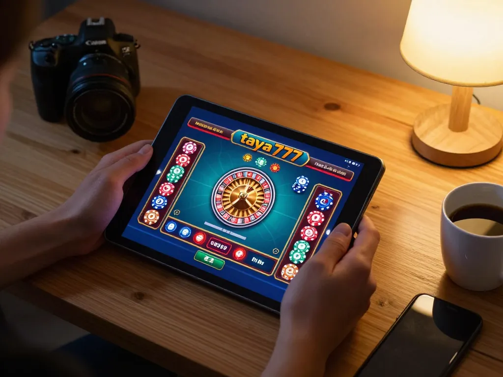 Engaging with the taya777app on a tablet, showcasing vibrant casino games in a cozy setting.