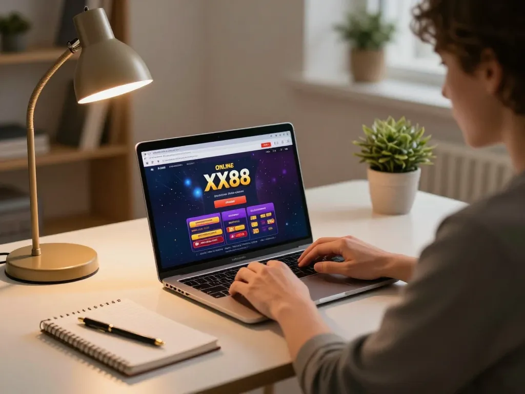 Engaged player interacting with the XX88 online casino platform from a cozy home setting