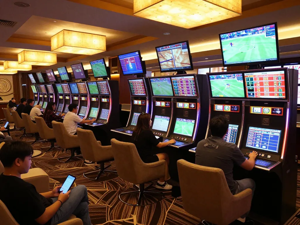 Tỷ lệ kèo nhà cái hôm nay displayed on vibrant screens in a modern sports betting lounge, showcasing dynamic betting environment