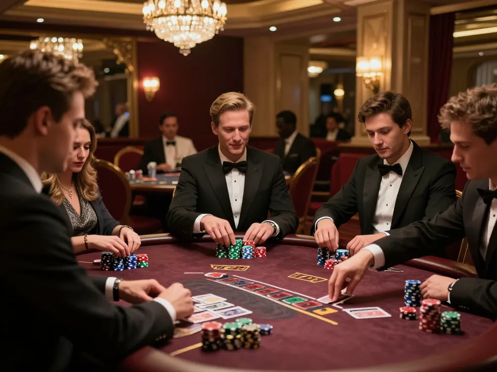 Vin88 players strategizing in an elegant blackjack game with thrilling atmosphere.
