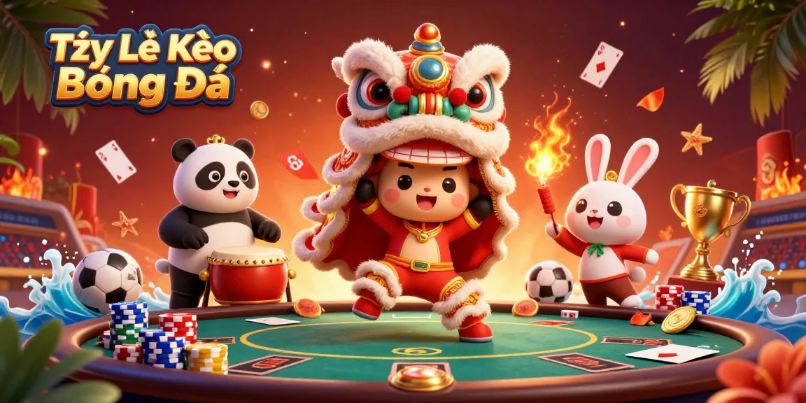 Tỷ Lệ Kèo Bóng Đá showcases an exhilarating lion dance with vibrant sports elements and festive characters.