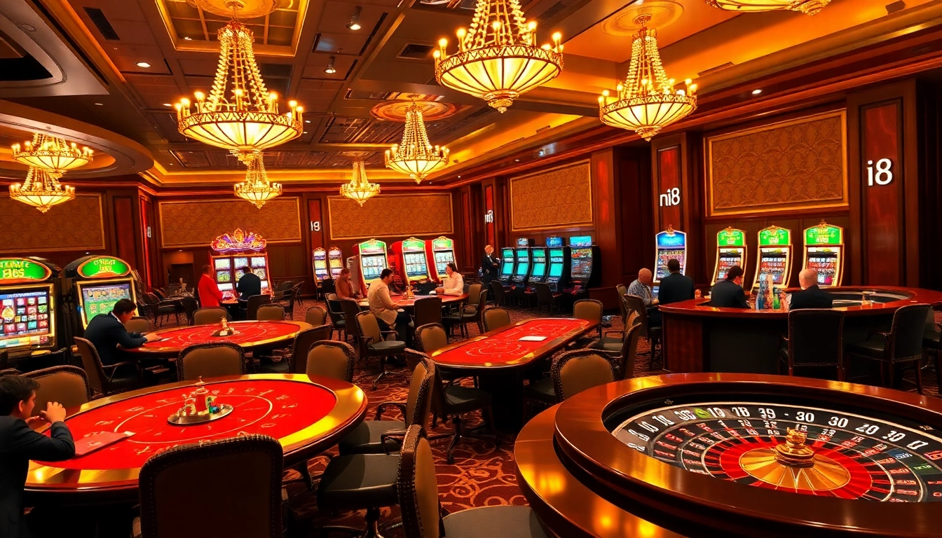 Excited players enjoy n188 poker games at an upscale casino with vibrant slot machines.
