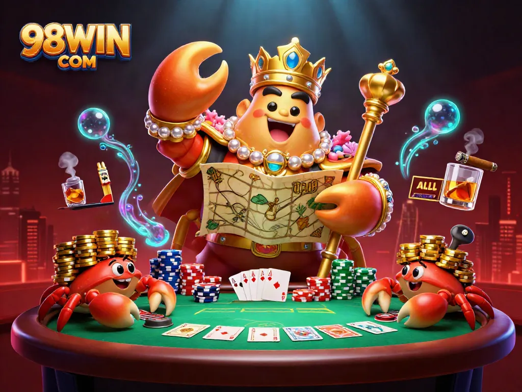 Experience high-stakes play featuring vibrant 98WIN COM elements and engaging characters in a dynamic casino setting.