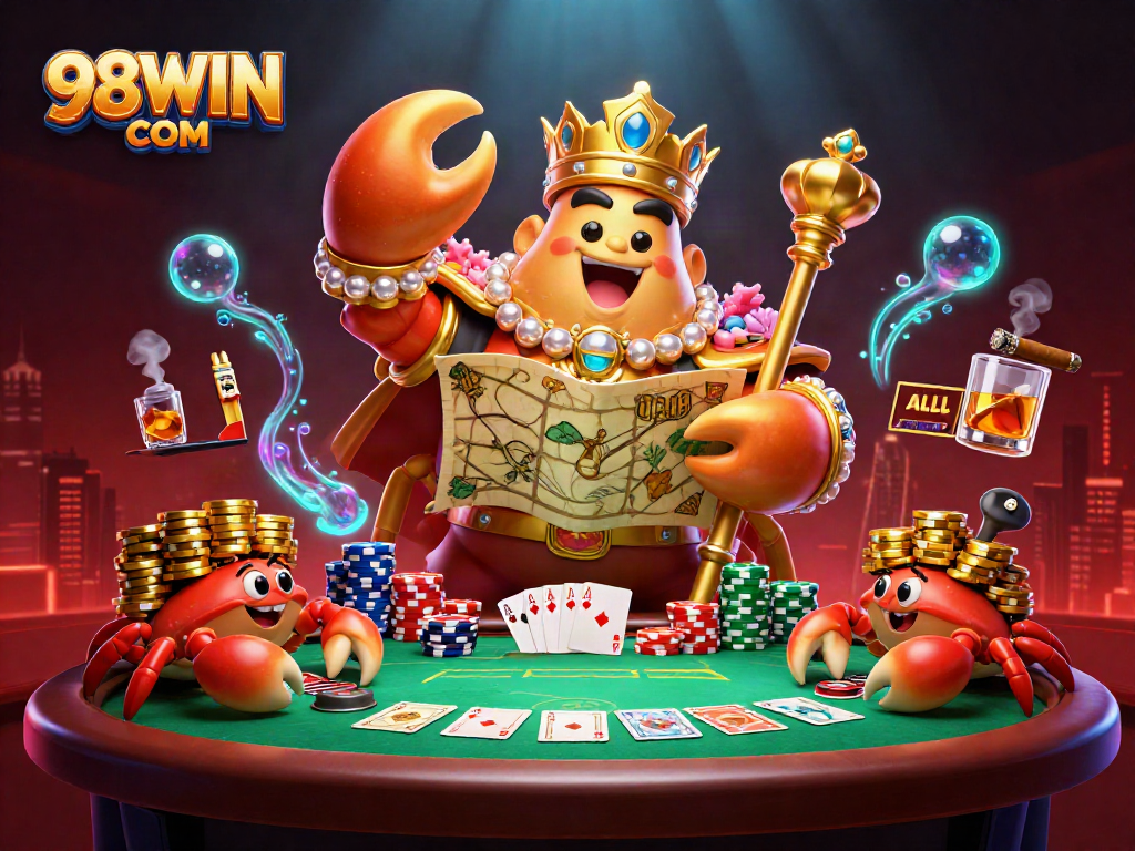 Experience high-stakes play featuring vibrant 98WIN COM elements and engaging characters in a dynamic casino setting.