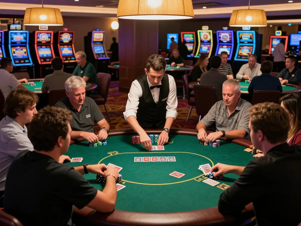 Players strategizing at a high-stakes poker table at qh88go casino, showcasing intense focus and excitement.