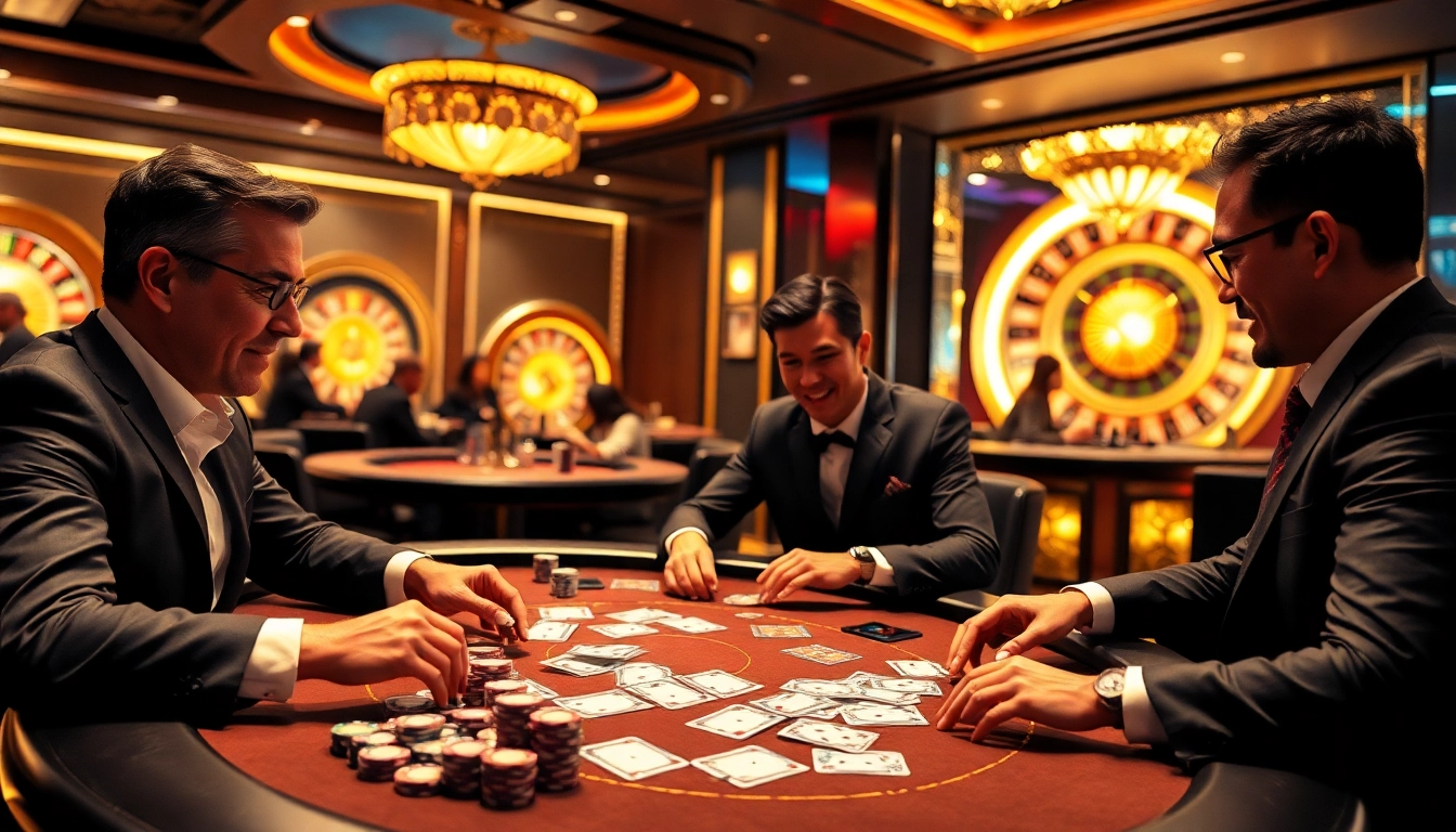 Engaged players in luxury poker game at nhà cái uy tín RR88, showcasing vibrant casino atmosphere.