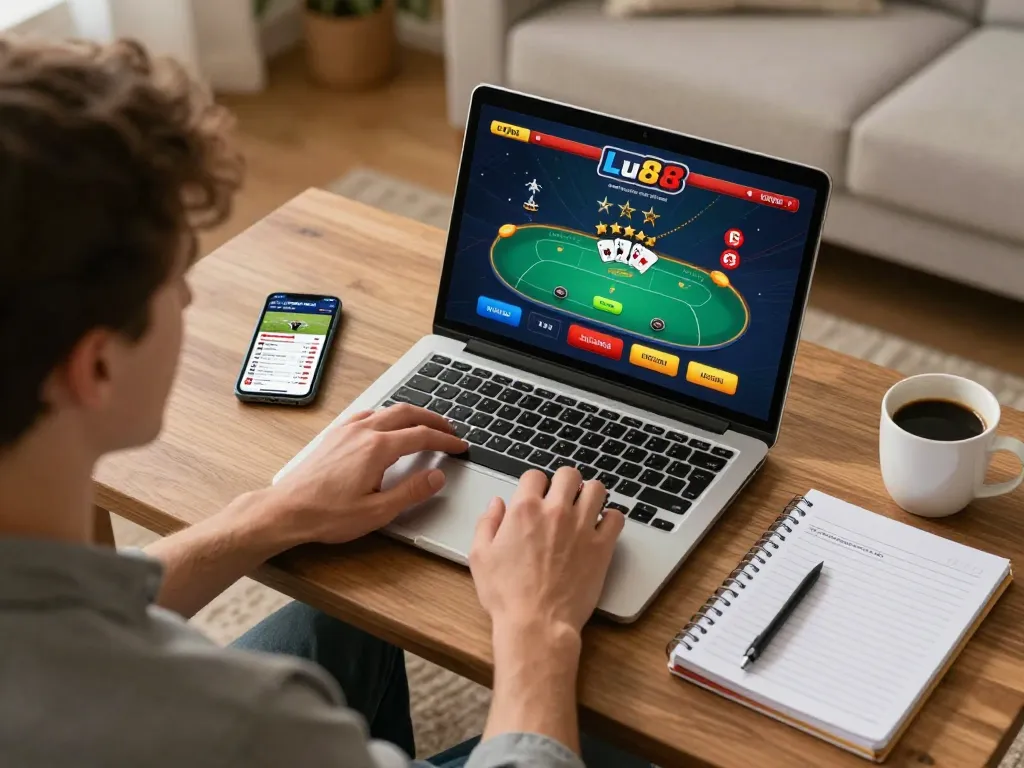 Player enjoying Lu88 online poker at home with strategies and smartphone nearby
