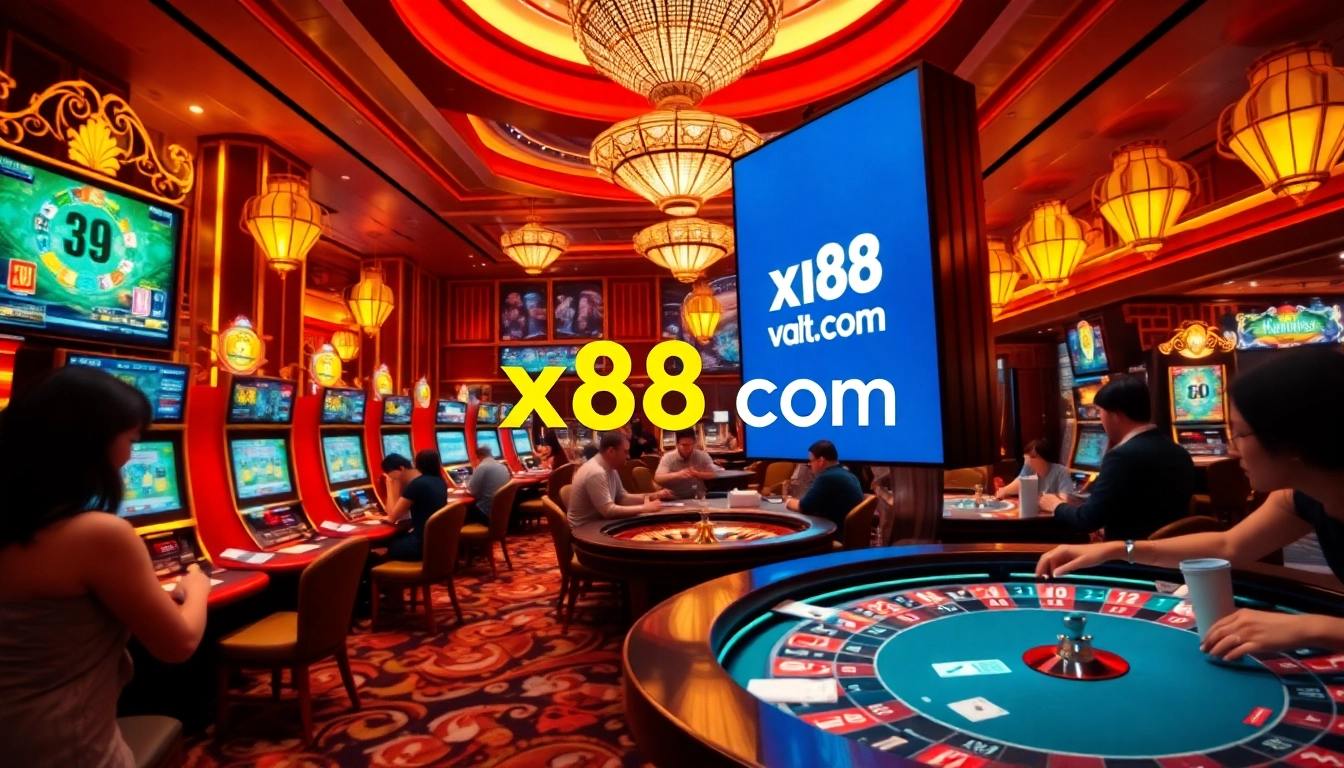 Experience thrill and luxury at x88 com casino with vibrant gaming tables and excited players.