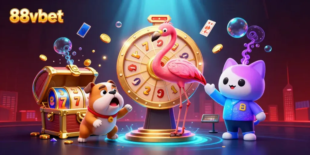 Engage with 88vbet's vibrant casino atmosphere featuring our game show host, treasure, and dynamic elements!