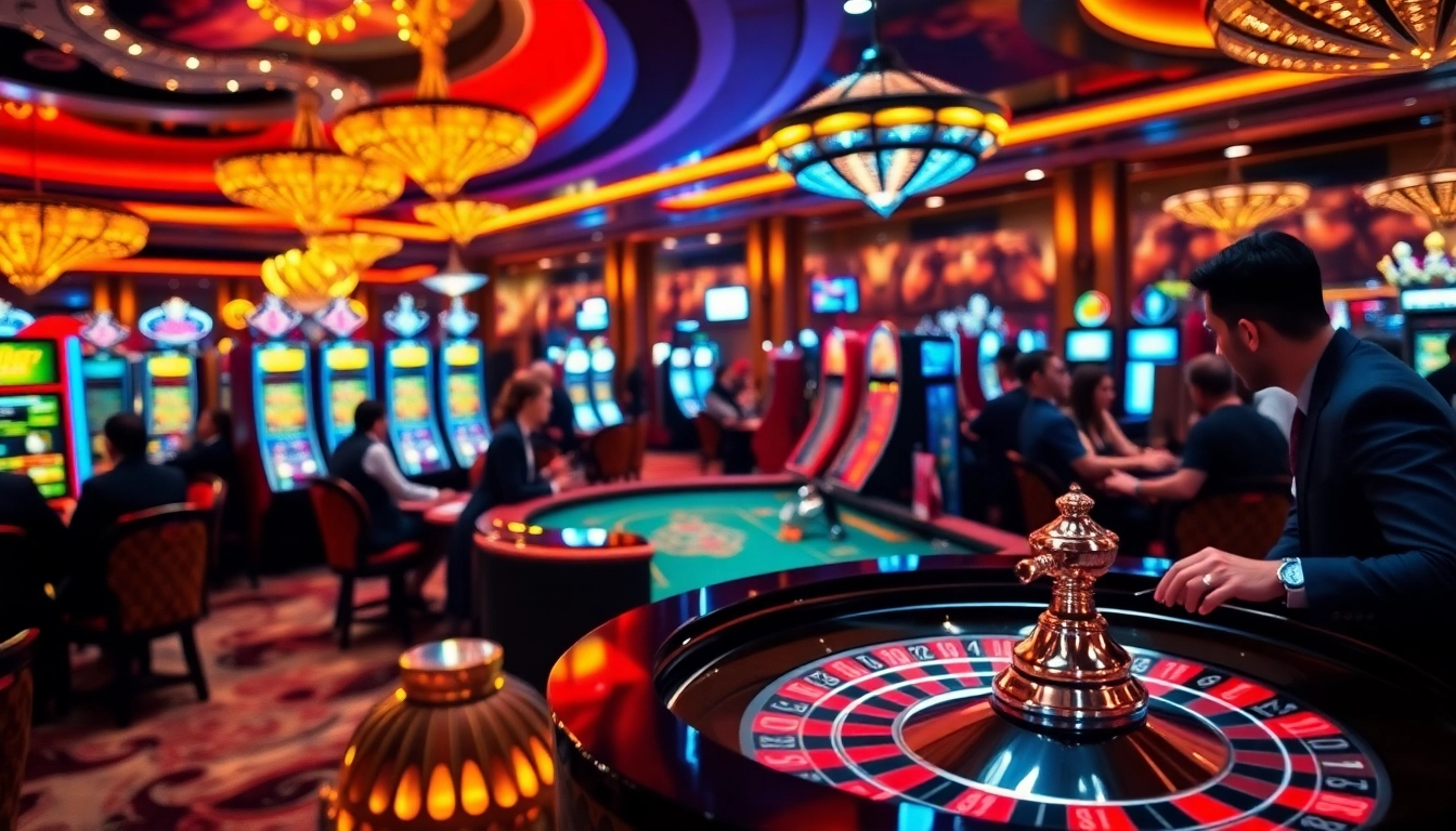 Players enjoying thrilling games at kuwinblog.com casino with vibrant atmosphere and luxury decor.