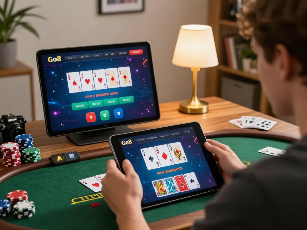 Engaging player enjoying Go8 online blackjack on tablet, showcasing strategic gaming atmosphere and responsible play.