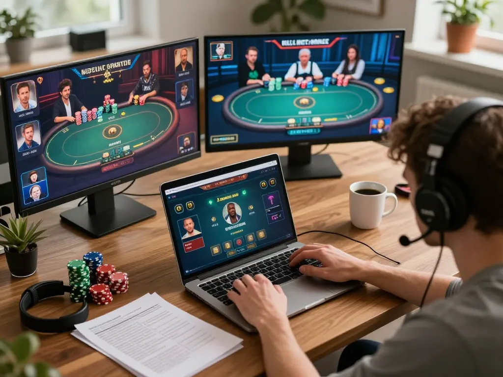 Sunwin online poker player enjoying a strategic game in a cozy home office setting