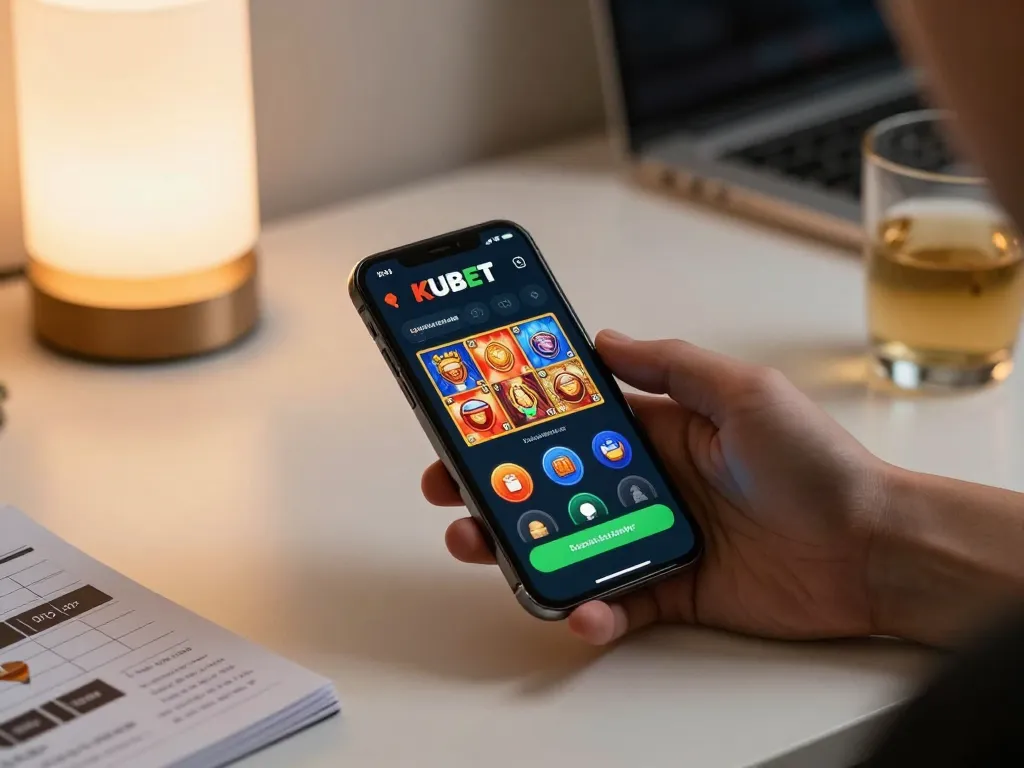 KUBET player enjoying casino app on smartphone within a cozy, strategic gaming atmosphere.