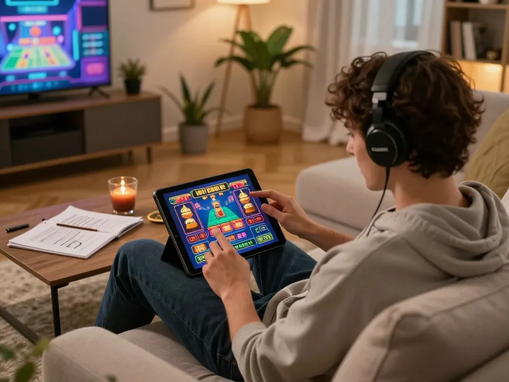 Player enjoying online casino games on tablet in cozy home setting, engaging with tr88seo platform