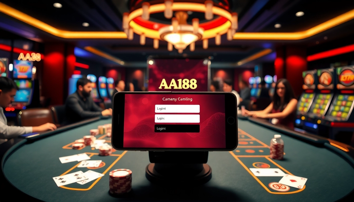 AA88 Đăng nhập scene with players at a luxurious casino, poker chips, and a digital login interface.