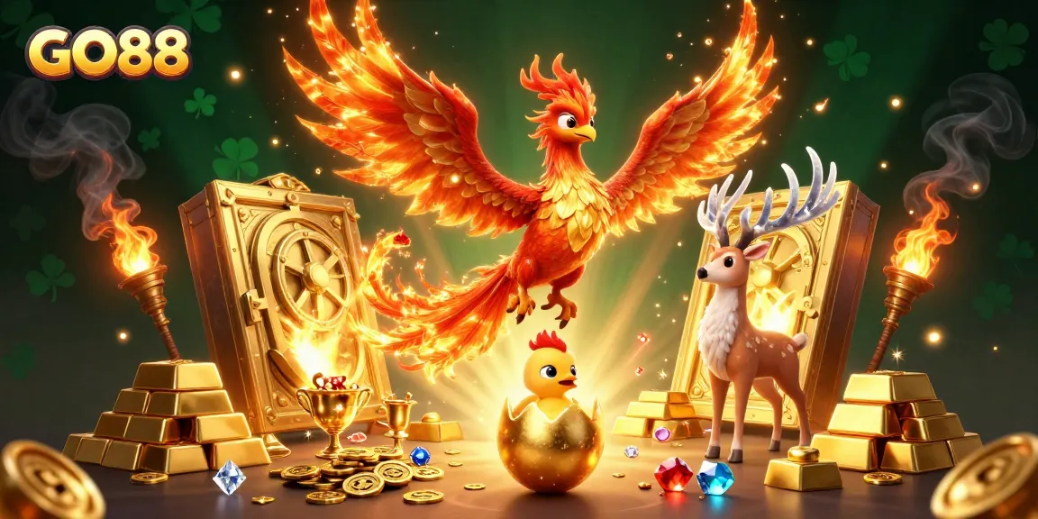 Win big at GO88 with vibrant casino-themed 3D illustration featuring legendary characters and treasure.