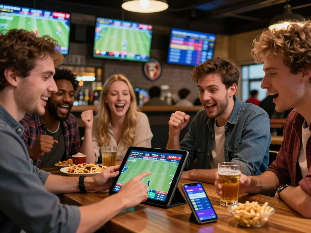 Engaged sports bettors checking NOWGOAL scores and placing bets in a lively bar.