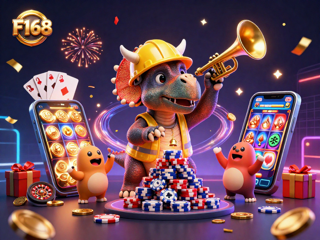 Play and win at F168 with vibrant games and joyful characters! Celebrate big wins in this exciting casino scene.