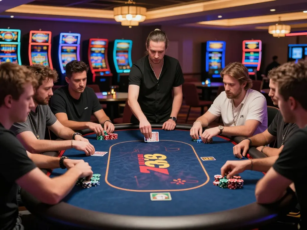 Players enjoy an intense poker game at 789clubgo with vibrant ambiance and colorful chips.