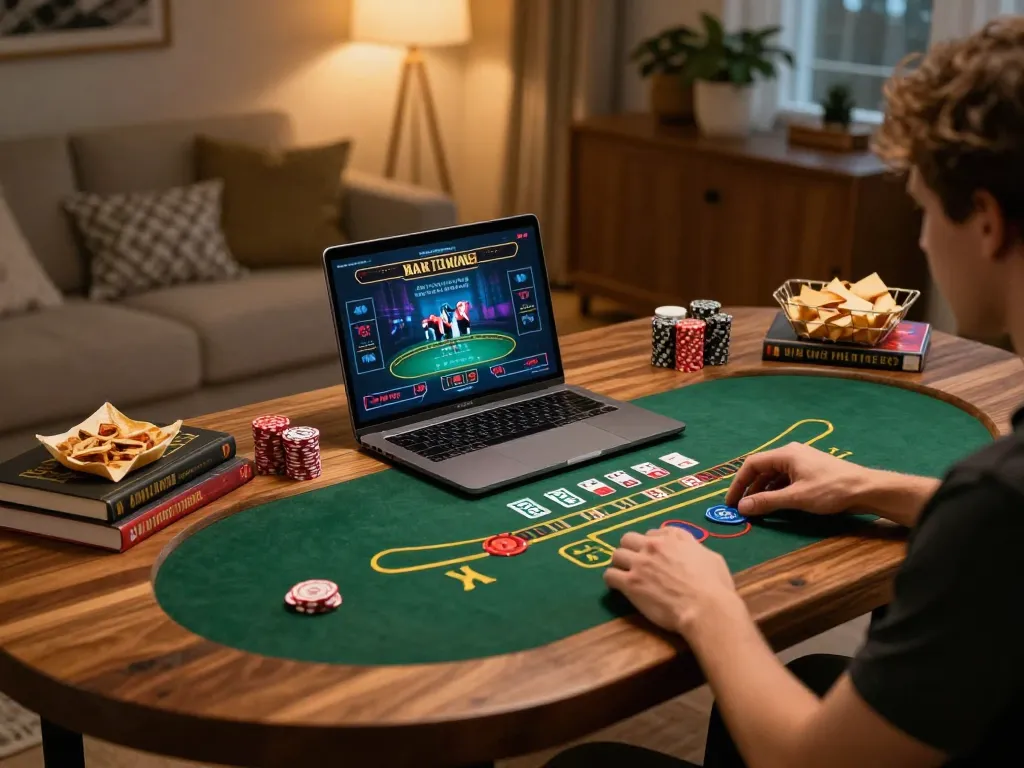 Player engaging in online blackjack at https://mm88.se.net/ in a cozy home setup with strategy notes
