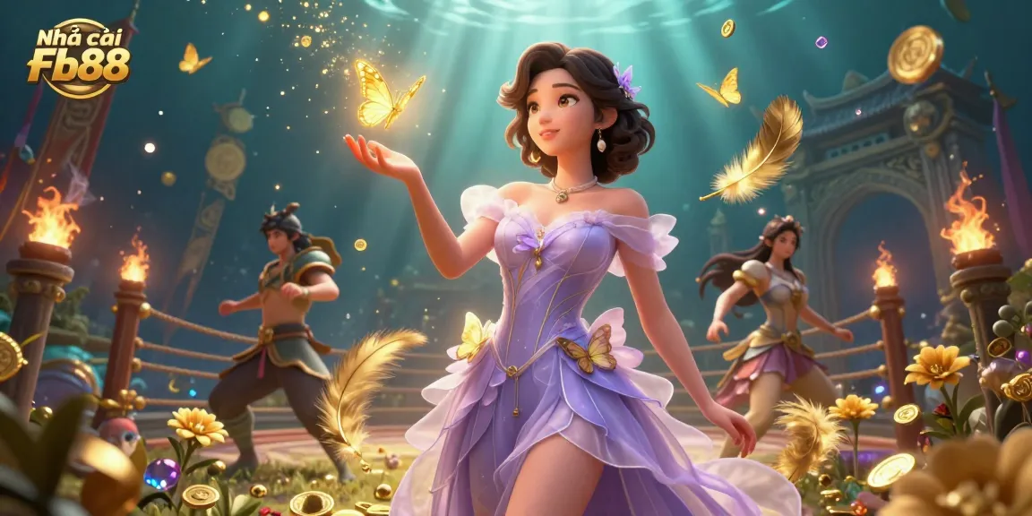 Experience the magic of Nhà cái Fb88 with stunning visuals, golden butterflies, and dynamic casino elements.