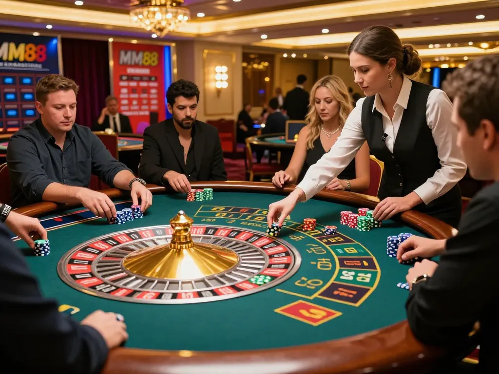 MM88 roulette table in action with players eagerly betting during a thrilling casino game.
