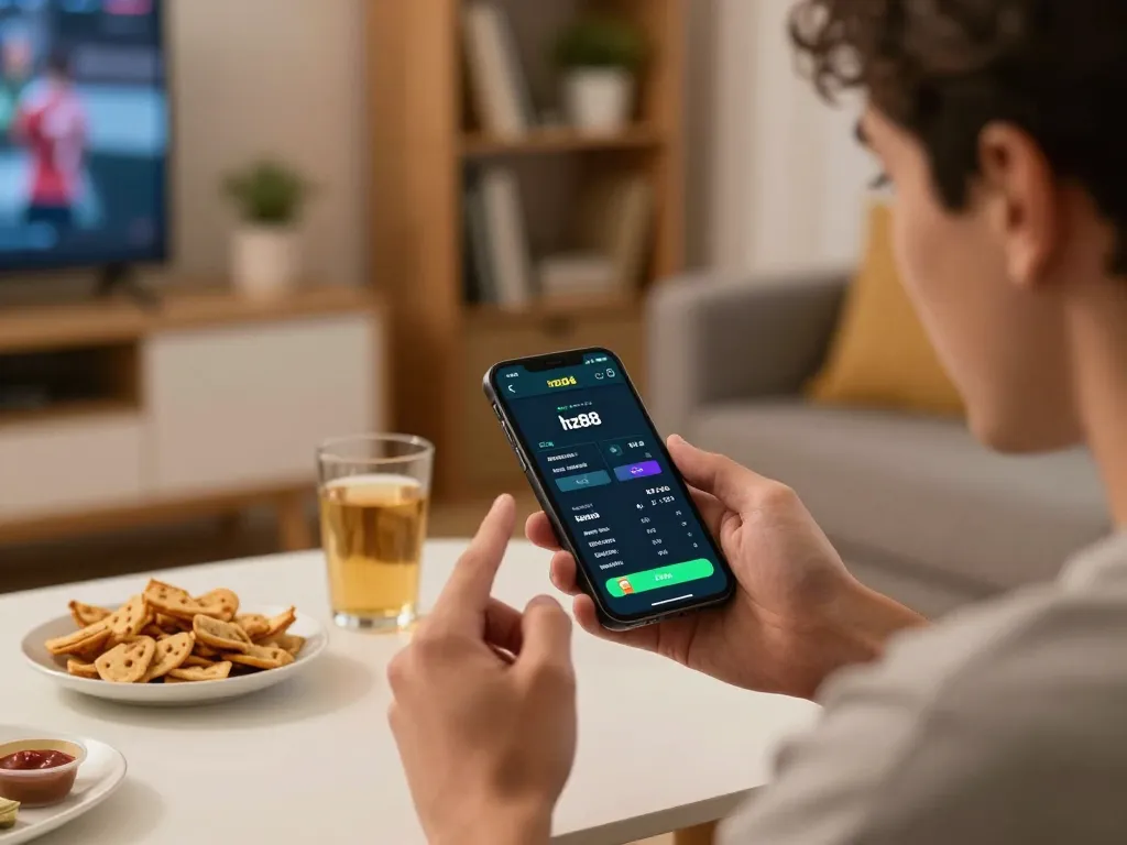 Engaging sports betting action on hz88 app in a cozy home environment.