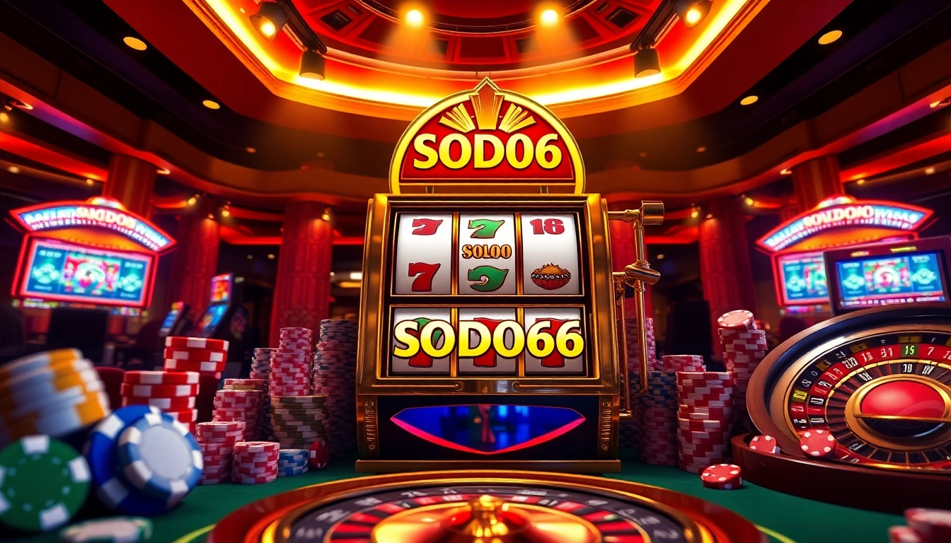 Engaging gamblers with SODO66 slot machine amidst vibrant casino atmosphere.