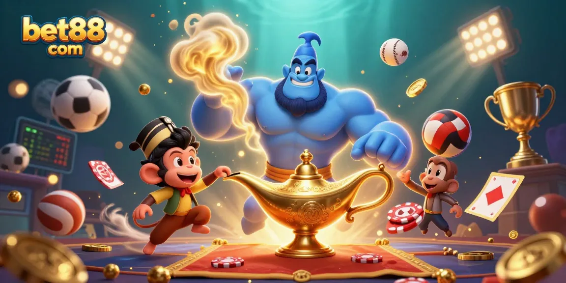 Witness the excitement of bet88 com as the genie reveals spectacular sports betting adventures amidst flying poker chips and golden coins.