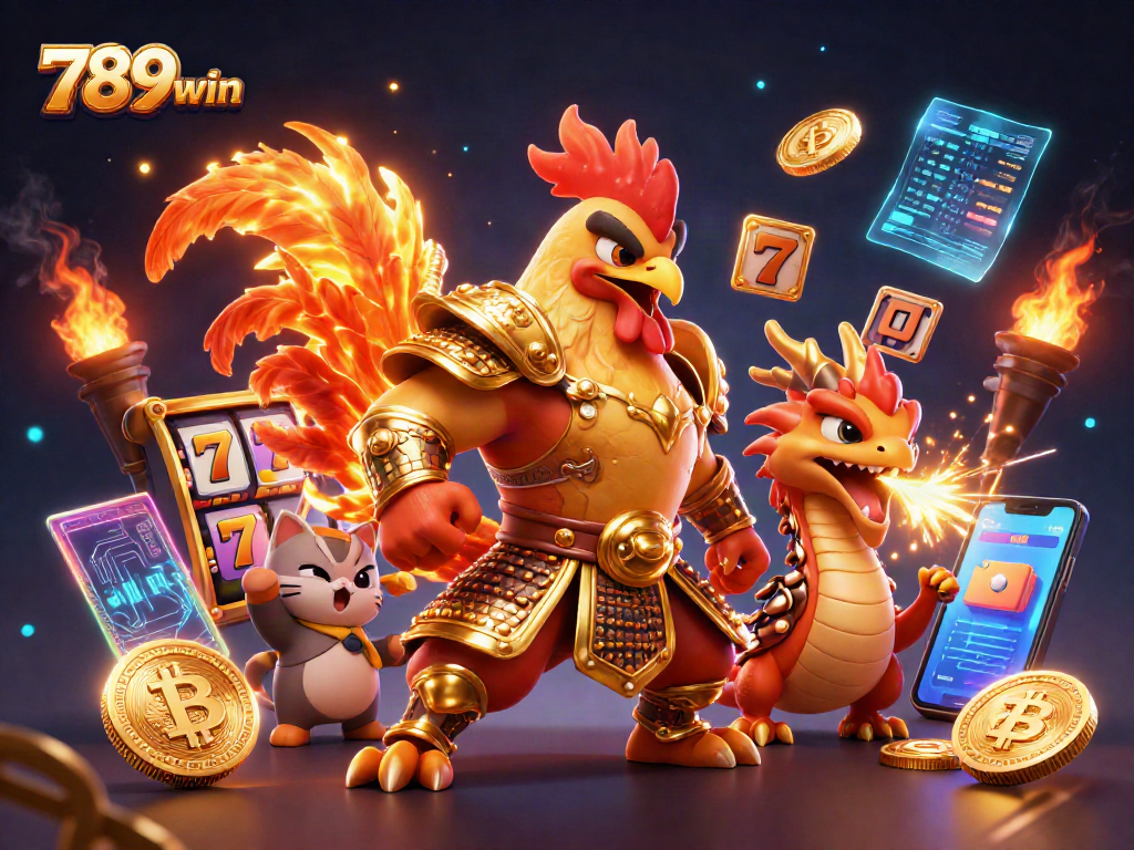 Bet big with 789win in a vibrant 3D depiction of a rooster warrior, dragon hatchling, and glory.
