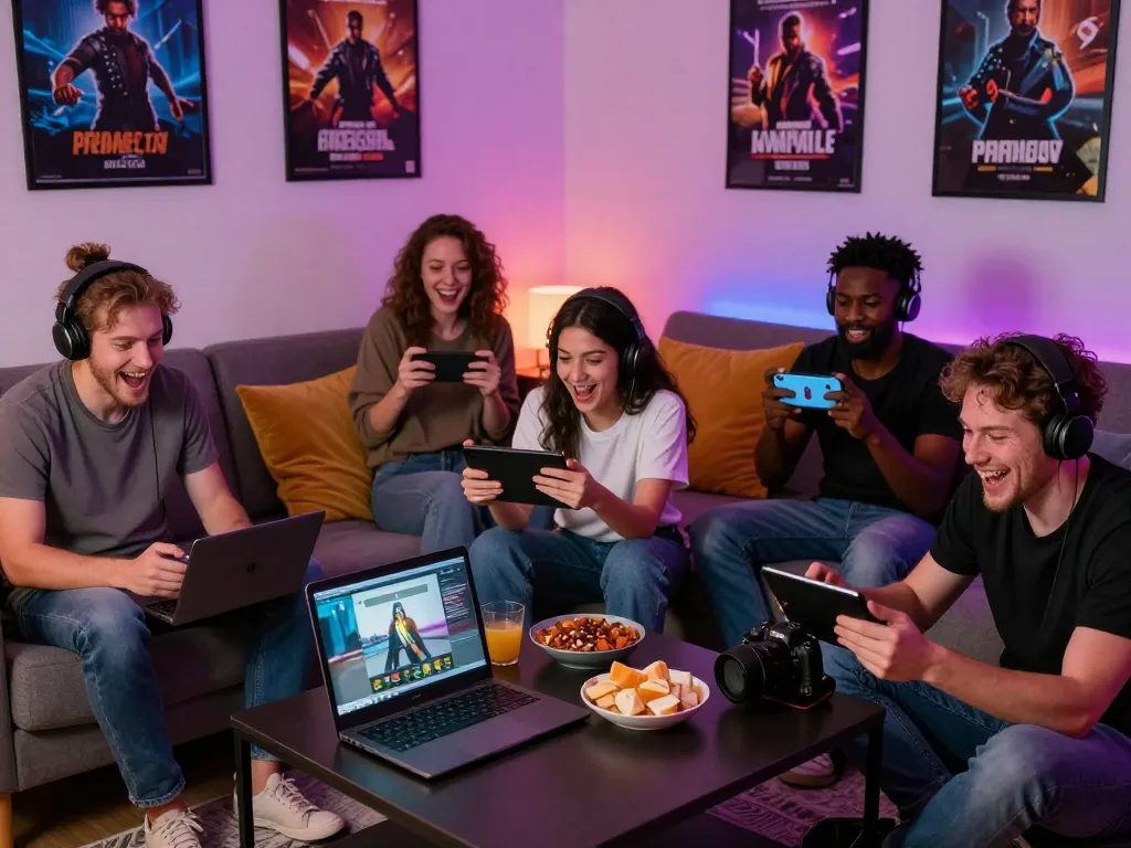 Players excitedly enjoying porn games on various devices in a cozy living room.