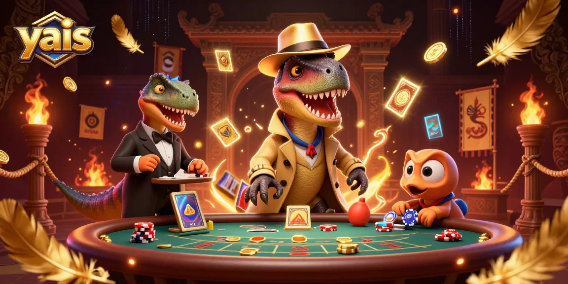 yais offers a thrilling casino scene with a velociraptor card counter at a blackjack table.