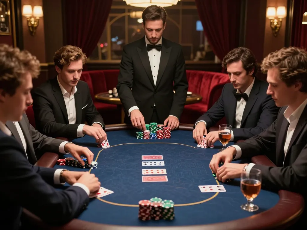 Players strategizing in a luxury casino poker room at gamebaidoithuong8