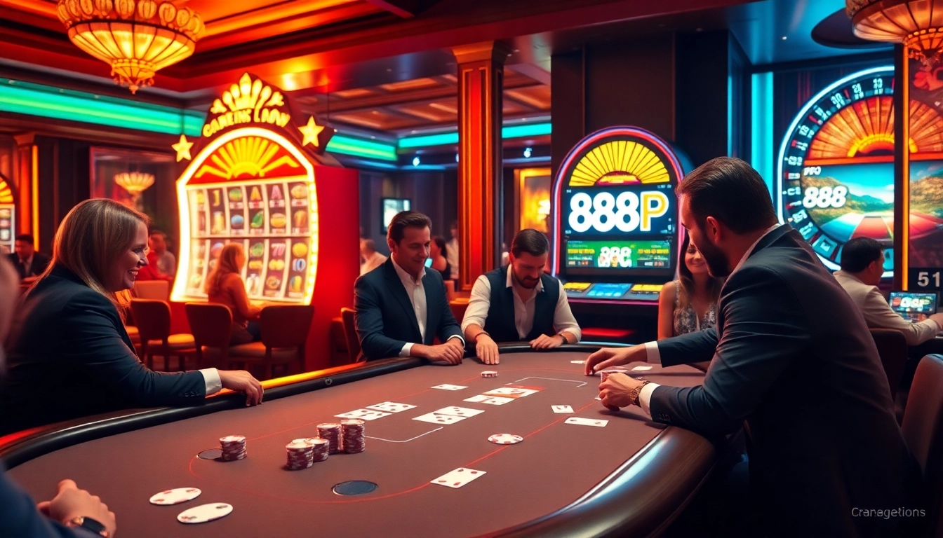Players enjoying a thrilling poker game at 888P casino, featuring vibrant chips and cards.