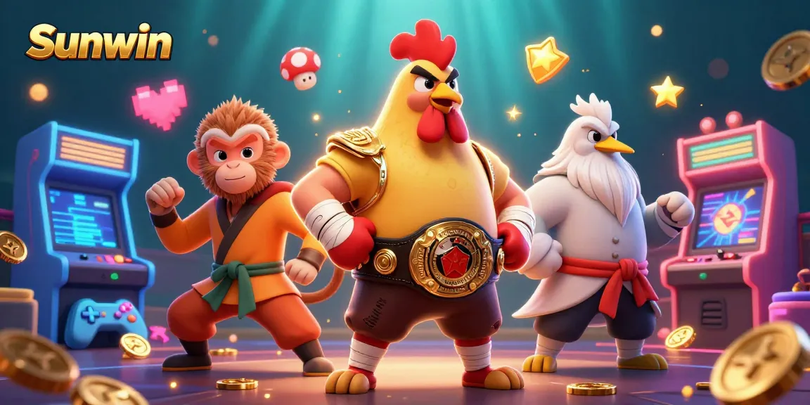 Sunwin offers thrilling gaming action with colorful characters and interactive game elements in a vibrant casino scene.